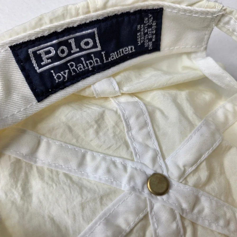 Vintage Polo Ralph Lauren Nylon Strapback Hat Cream Navy Blue 90s Made in Taiwan